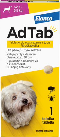 Antiparazitare interne si externe - AdTab 112 mg comprimate masticabile pentru câini impotriva purecilor si a capuselor (>2,5–5,5 kg) - 1 tableta