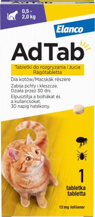 Deparazitare interna - AdTab 12 mg comprimate masticabile pentru pisici impotriva purecilor si a capuselor (0.5-2 kg) - 1 tableta