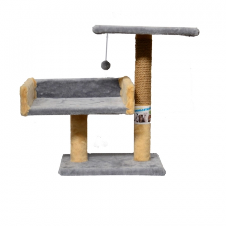 Pisici - Ansamblu de joaca pentru pisici tip coloana cu canapea dubla si ciucure culoare bej cu gri  50 x 38 x 30 cm