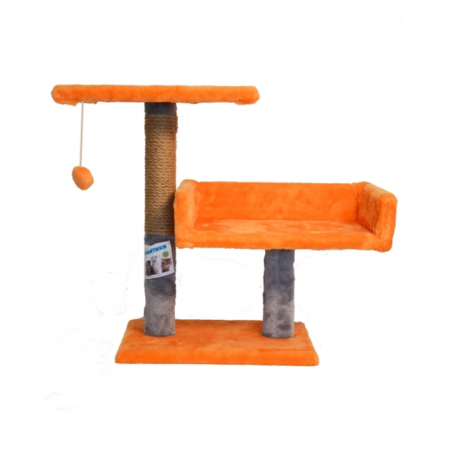 Pisici - Ansamblu de joaca pentru pisici tip coloana cu canapea dubla si ciucure culoare portocaliu cu gri  50 x 38 x 30 cm