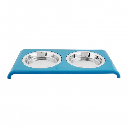 Pisici - Bol dublu pentru hrană pisici, Agility, 33×16.5×2.7cm, albastru, 175 ml