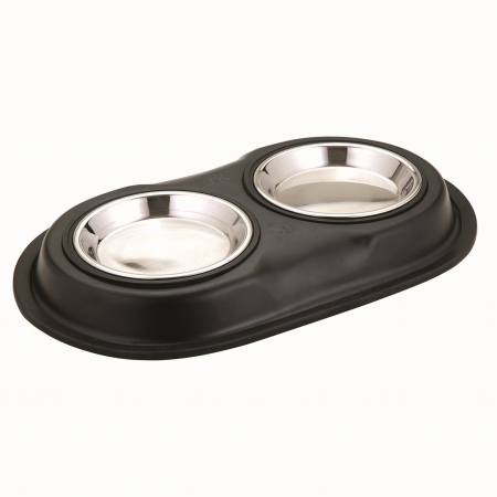 Castroane si boluri pentru apa si mancare - Bol dublu pentru hrană animale cu suport gumat, inox, Agility, diametru bol 11 cm, negru, 180 ml