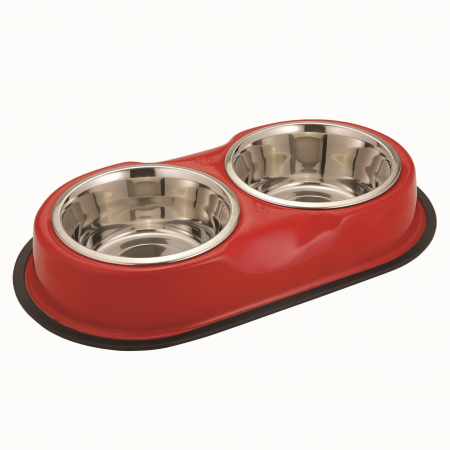 Castroane si boluri pentru apa si mancare - Bol dublu pentru hrană animale cu suport gumat, inox, Agility diametru bol 13 cm, rosu, 350 ml