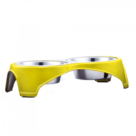 Castroane si boluri pentru apa si mancare - Bol dublu pentru hrană animale, Agility, 38.5 X 21 X 9 cm, galben, 750 ml