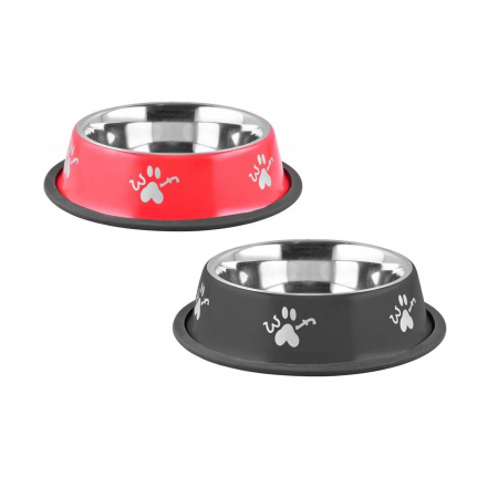 Castroane si boluri pentru apa si mancare - Bol pentru hrană animale cu suport gumat, inox, Agility, diametru 15,5 cm, model labute, negru/rosu , 180 ml