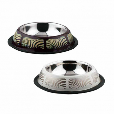 Pisici - Bol pentru hrană animale cu suport gumat, Agility, model zebra, diametru 19 cm,  Alb/Maro, 400 ml
