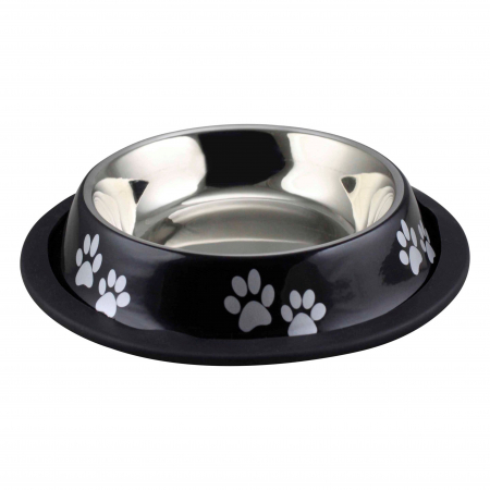Castroane si boluri pentru apa si mancare - Bol pentru hrană animale cu suport gumat, Agility, model labute, diametru 19 cm, Negru 400 ml