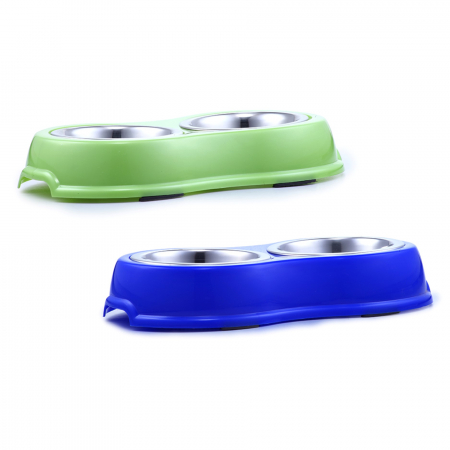 Castroane si boluri pentru apa si mancare - Bol dublu pentru hrană animale, Agility, diametru bol 11 cm, Albastru/Verde 200 ml