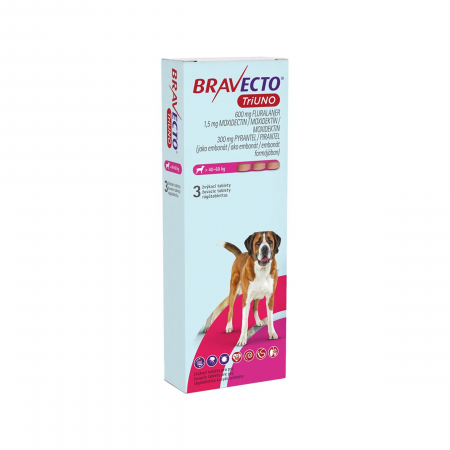 Deparazitare externa - BRAVECTO TRIUNO antiparazitar intern si extern pentru caini 600mg (40-60 kg) - 3 tablete masticabile
