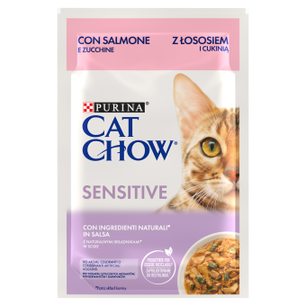 Hrana Umeda - CAT CHOW SENSITIVE, Somon și Dovlecei, hrană umedă pentru pisici 1x85 g