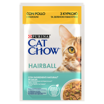 Hrana Umeda - CAT CHOW HAIRBALL, Pui și Fasole verde, hrană umedă pentru pisici 1x 85g