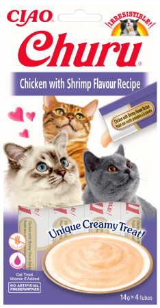 Recompense Delicioase - Churu Recompensa Cremoasa cu Pui si Creveti fara cereale - 4 x 14 g