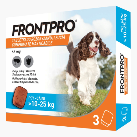 Farmacie Caini - FrontPro 68 mg comprimate masticabile împotriva puricilor și căpușelor pentru câini 10-25 kg - 3 comprimate