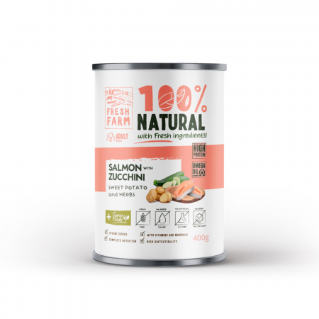 Caini - Hrana umeda caini, Fresh Farm Coarse pate with salmon, zucchini, sweet potatoe and herbs 400 gr