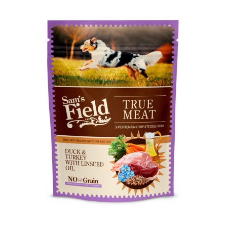 Caini - Hrana Umeda caini, Sam's field dog pouch duck & turkey with Linseed oil 260gr