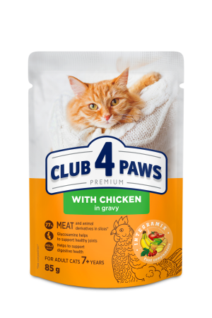 Pisici - Hrana umeda pisici, CLUB 4 PAWS Premium "With chicken in gravy" for cats from 7 years old, 85 g