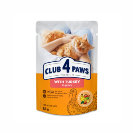Pisici - Hrana umeda pisici, CLUB 4 PAWS Premium With turkey in gravy for adult cats, 85 g