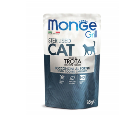 Pisici - Monge Grill Chunkies Sterilised Cat - Hrana umeda pisici super-premium - Pastrav - 85g