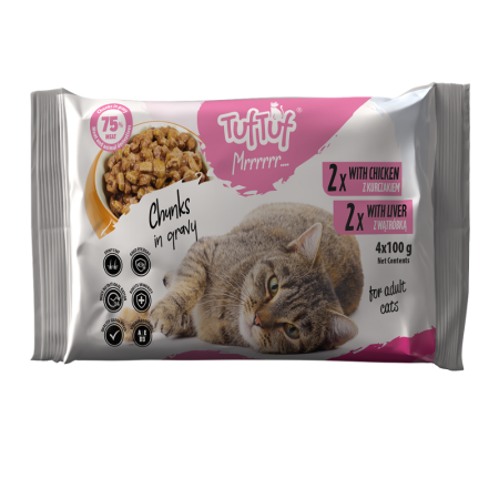 campanie royal saci adult - Hrana umeda pisici, TUF TUF CAT- pachet 4 X plicuri 100G (2x pui + 2x  ficat pui)