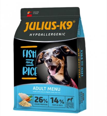 Caini - Hrana uscata caini premium, Julius K9 Adult - hipoalergenica - Peste si Orez - 3kg