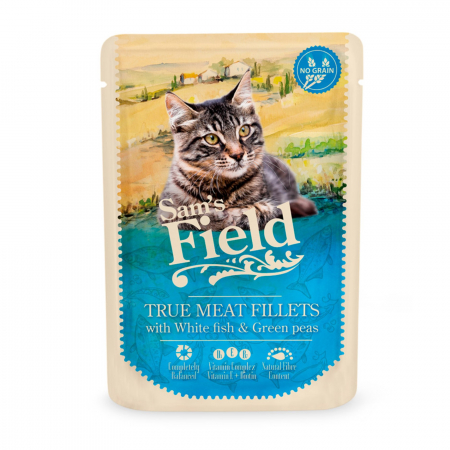 Hrana Umeda - Hrana umeda pisici, Sam's field cat plic with white fish filets / peas 85gr