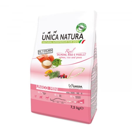 Caini - Hrana uscata Natura Unica caini talie mica cu Somon, orez si mazare 7, 5 kg