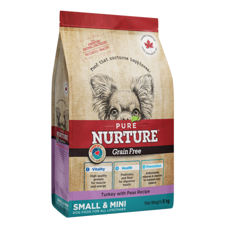 Hrana Uscata Caini - Hrana uscata pentru caini de talie mica si mini Pure Nurture Grainfree, cu mazare si curcan, 8kg