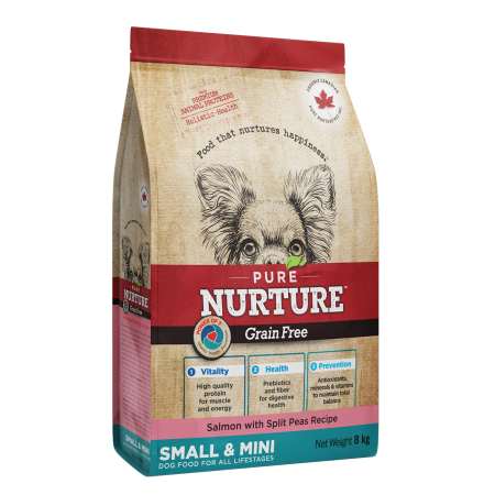Hrana Uscata Caini - Hrana uscata pentru caini de talie mica si mini Pure Nurture Grainfree, cu somon si mazare, 8kg