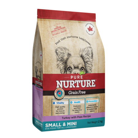 Hrana Uscata Caini - Hrana uscata pentru caini de talie mica si mini Pure Nurture Grainfree, cu mazare si curcan, 2kg