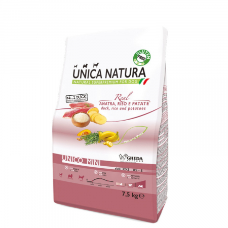 Caini - Hrana uscata Natura Unica caini talie mica cu Rata, orez si cartofi 7, 5 kg