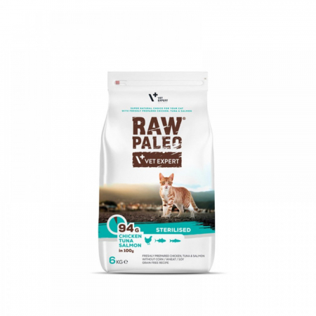 Hrana Uscata Pisici - Hrana uscata pentru pisici sterilizate, RAW PALEO, carne de pui, ton si somon, 6 kg