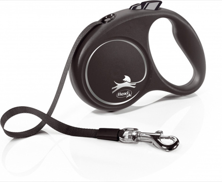 Caini - Lesa pentru caini Black design banda, Flexi, Retractabil, Pana la 50 kg, L, 5 metri, Argintie