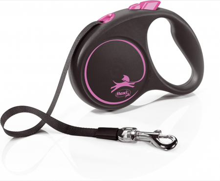 Caini - Lesa pentru caini Black design banda, Flexi, Retractabil, Pana la 50 kg, L, 5 metri, Roz