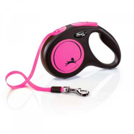 Hamuri, Lese si Zgarzi - Lesa pentru caini New Classic Neon banda, Flexi, Retractabil, Pana la 25 kg, M, 5 metri, Roz