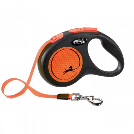 Hamuri, Lese si Zgarzi - Lesa pentru caini New Classic Neon banda, Flexi, Retractabil, Pana la 25 kg, M, 5 metri, Portocaliu