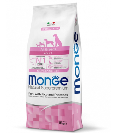 Hrana Uscata Caini - Monge Natural Superpremium Monoprotein Adult All Breeds - Porc si Orez - 12kg