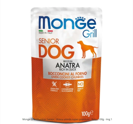 Caini - Monge Grill Chunkies Senior - Hrana umeda caini super-premium - Rata - 100g