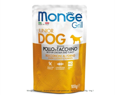 Hrana Umeda Caini - Monge Grill Junior - Hrana umeda caini junior super-premium - Pui si Curcan - 100g