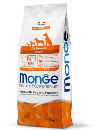 Caini - Monge Natural Superpremium Monoprotein Adult All Breeds - Rata si Orez - 12kg