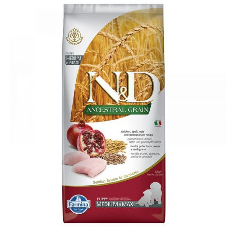 Hrana Uscata Caini - N&D Ancestral Grain Puppy Medium/Maxi, Pui si Rodie, 12kg