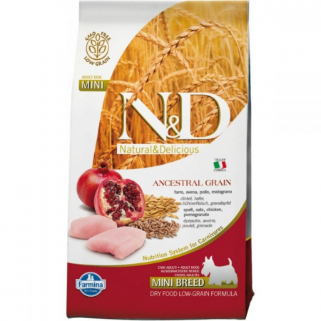 Caini - N&D Ancestral Grain Mini Adult, Pui, alac, ovaz și Rodie, 7 kg