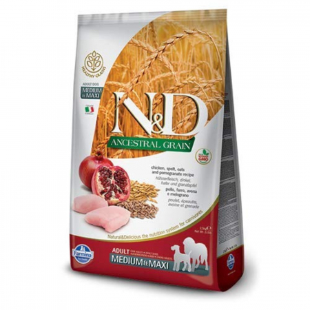 Hrana Uscata Caini - N&D Ancestral Grain Adult Medium/Maxi, Pui si Rodie, 12kg