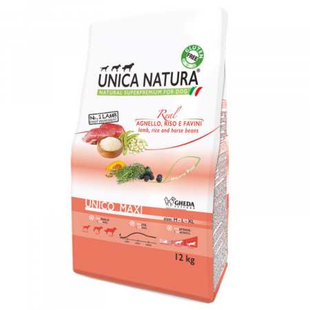 Hrana Uscata Caini - Natura Unica hrana uscata pentru caini talie mare cu Miel,orez si fasole 12 kg