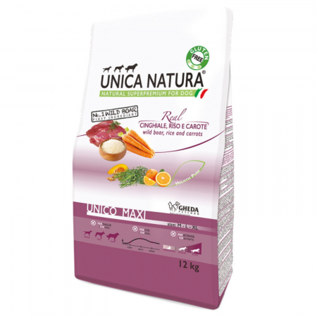 Hrana Uscata Caini - Natura Unica hrana uscata pentru caini talie mare cu Mistret,orez si morcovi 12 kg