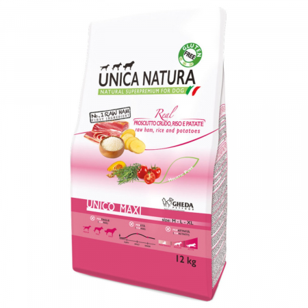 Hrana Uscata Caini - Natura Unica hrana uscata pentru caini talie mare cu Sunca cruda,orez si Cartofi 12 kg
