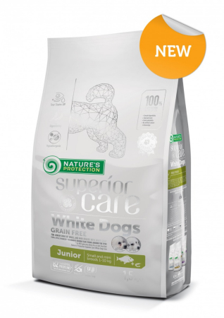 Hrana Uscata Caini - NATURES PROTECTION Superior Care White Dogs Junior Small&Mini Grain Free, Peste Alb, ajuta la eliminarea lacrimarii excesive si reducerea petelor maronii de la ochi, 10kg