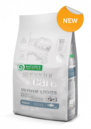 Hrana Uscata Caini - NATURES PROTECTION Superior Care White Dogs Small&Mini Grain Free, Peste Alb, ajuta la eliminarea lacrimarii excesive si reducerea petelor maronii de la ochi, 1.5kg