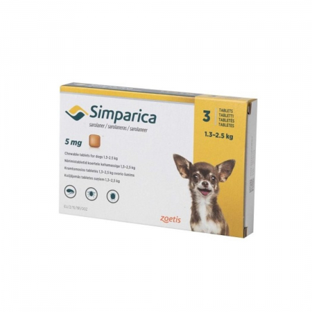 Deparazitare externa - Simparica Caine 5 mg (1.3 - 2.5 kg), 3 comprimate