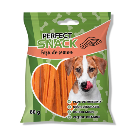 Caini - Perfect Snack, recompense delicioase pentru caini,  Fâșii de somon – 80 g