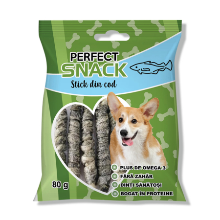 Caini - Perfect Snack, recompense delicioase pentru caini, Stick din cod– 80 g